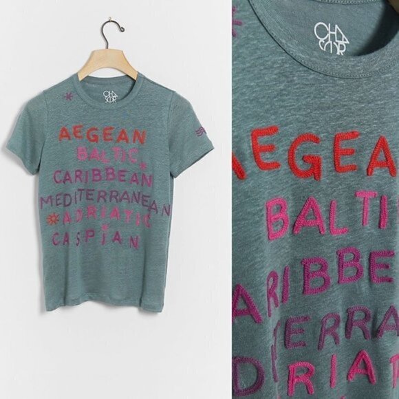 New Anthopologie x Chaser Seas Embroidered Print Linen Blend Tee NWT Small - Picture 1 of 11